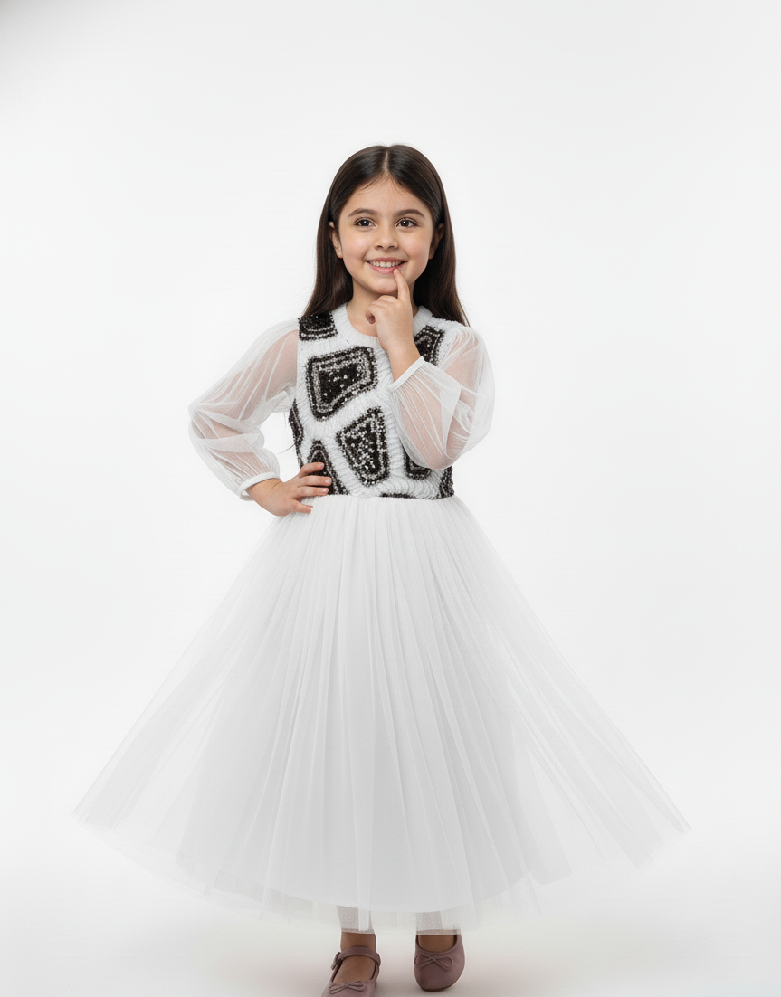 Abstract Sequin Appliqué Tulle Gown