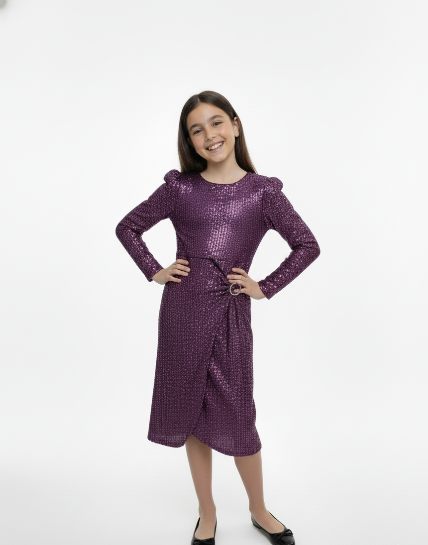 Long-Sleeve Sequin Faux-Wrap Party Dress