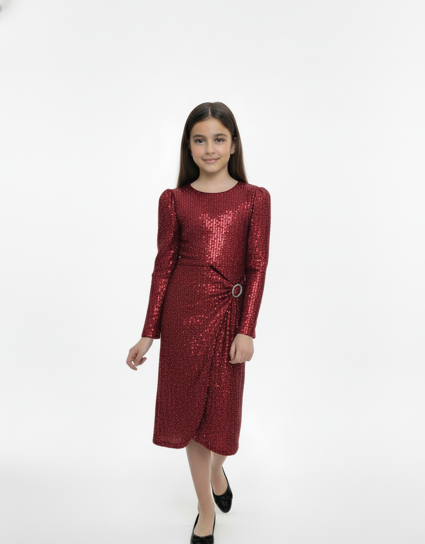Long-Sleeve Sequin Faux-Wrap Party Dress
