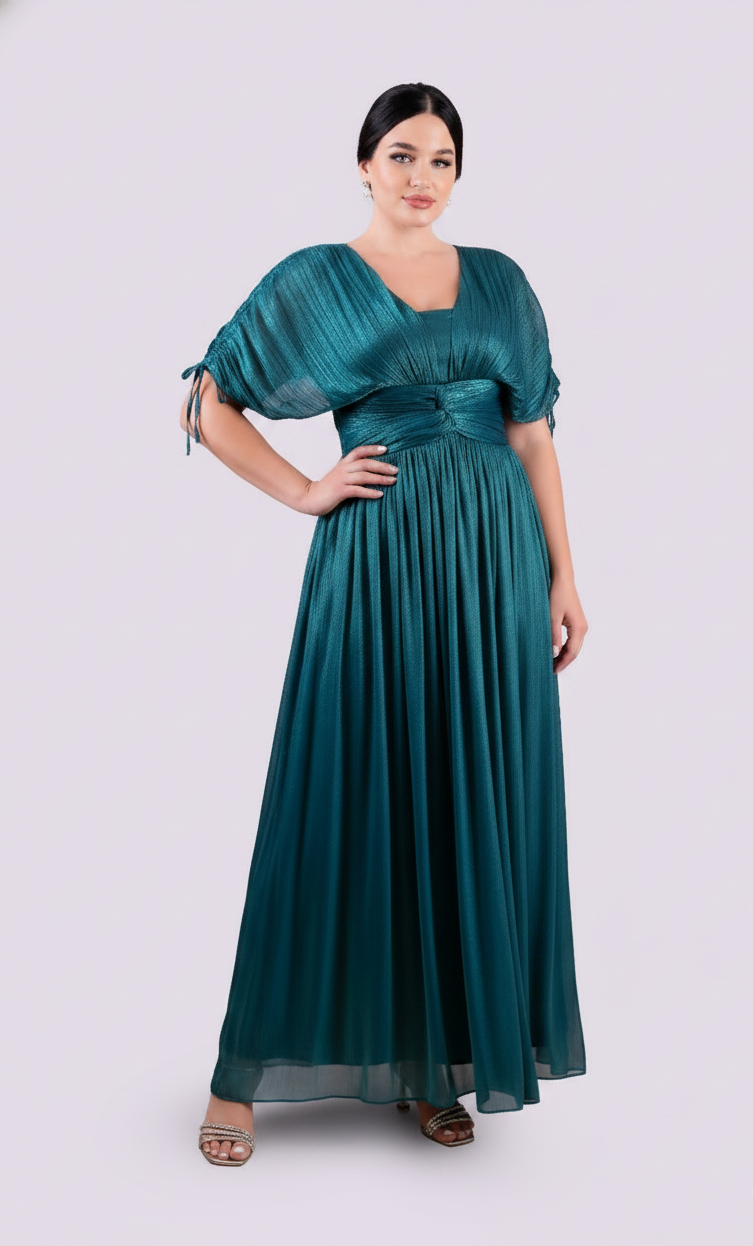 Teal Pleated Ruched Maxi Dress.