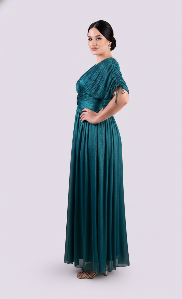 Teal Pleated Ruched Maxi Dress.