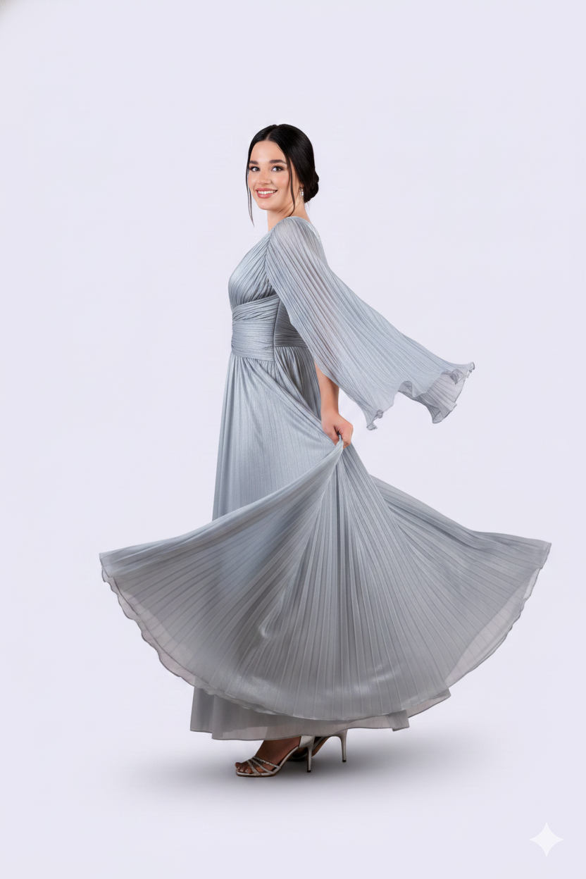 Pleated Chiffon Batwing Gown.