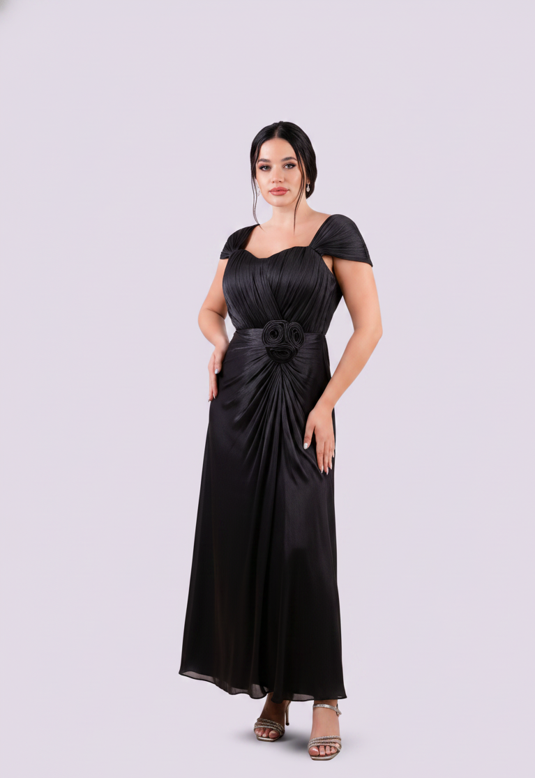 Boat Neck Rose Detail Evening Dress