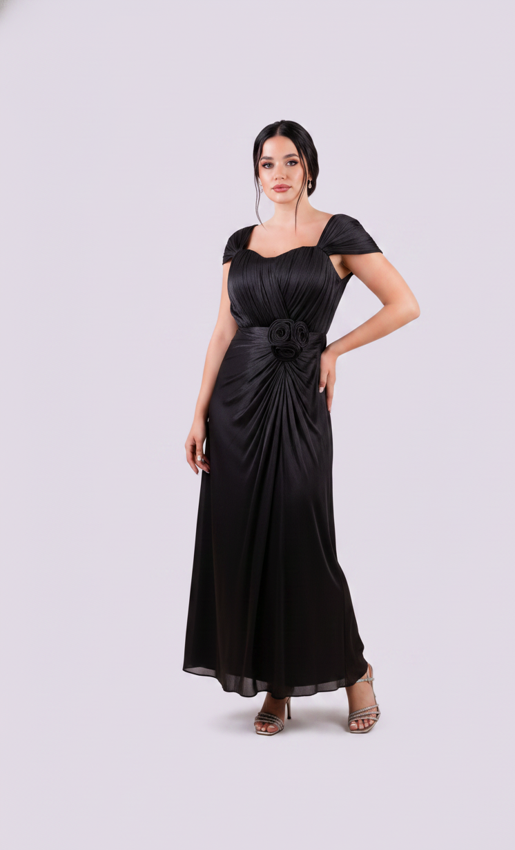 Boat Neck Rose Detail Evening Dress