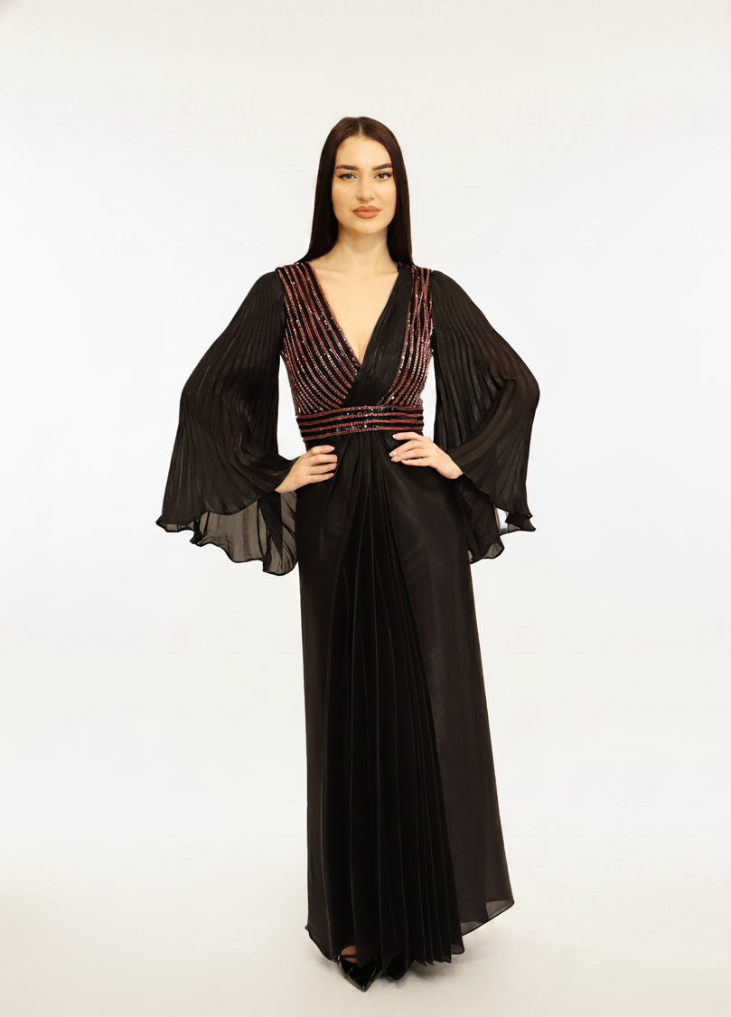 Embellished V-Neck Pleated Maxi Dress