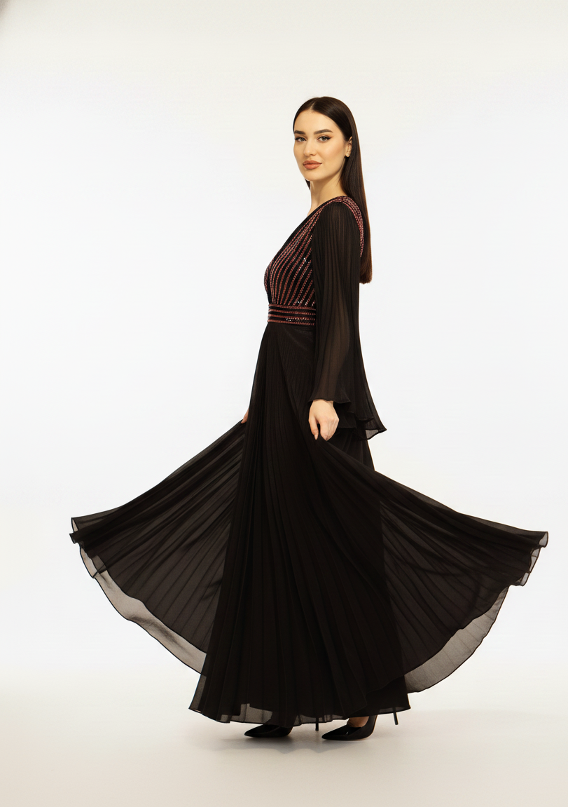 Embellished V-Neck Pleated Maxi Dress