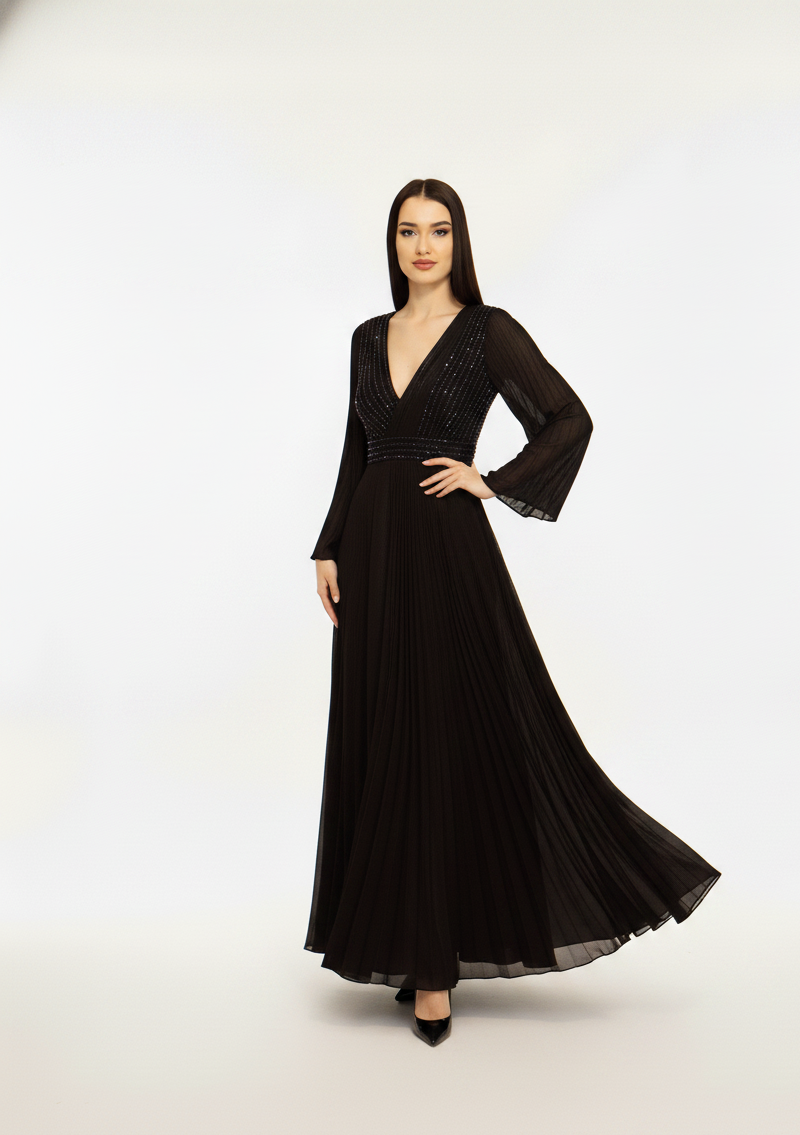 Embellished V-Neck Pleated Maxi Dress