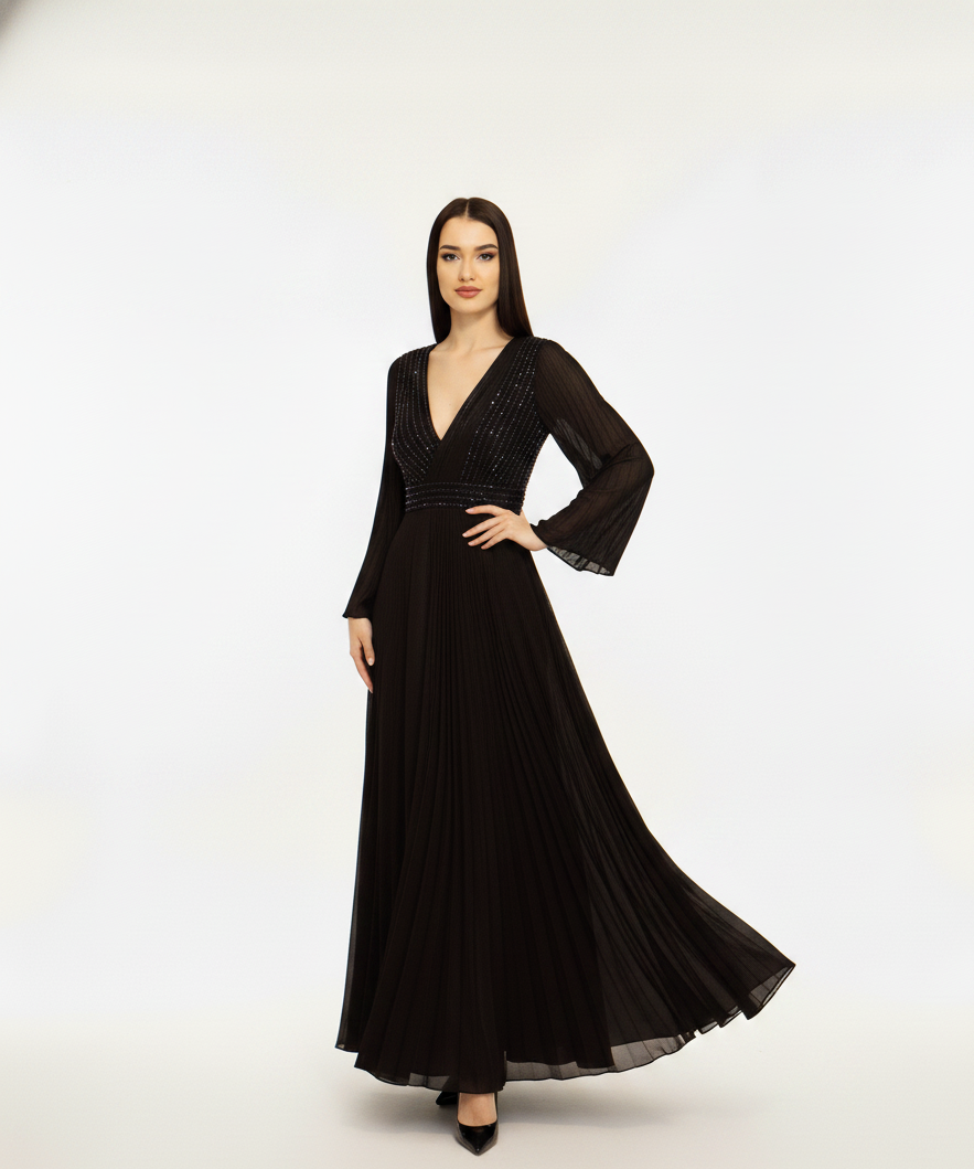 Embellished V-Neck Pleated Maxi Dress