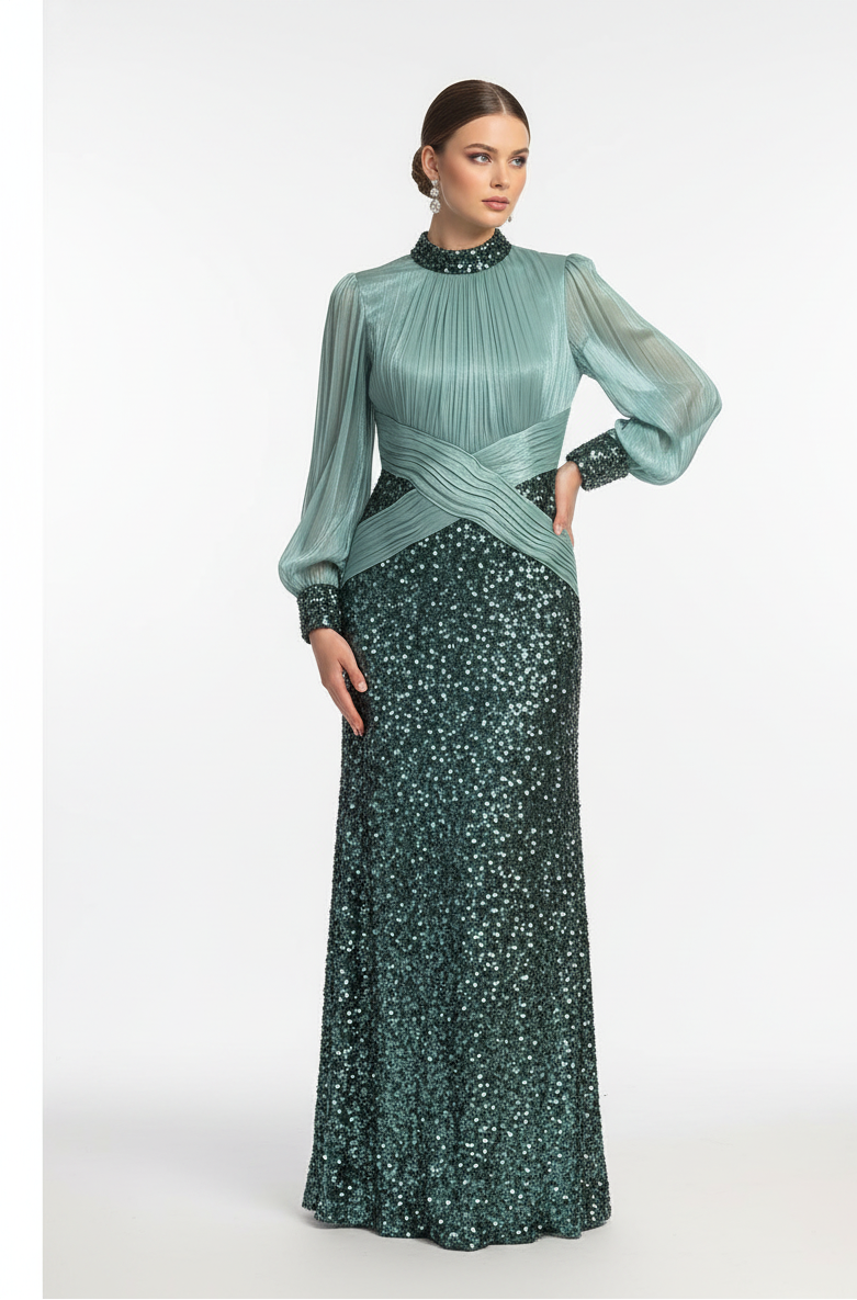 Pleated and Sequence Sequined Evening Gown