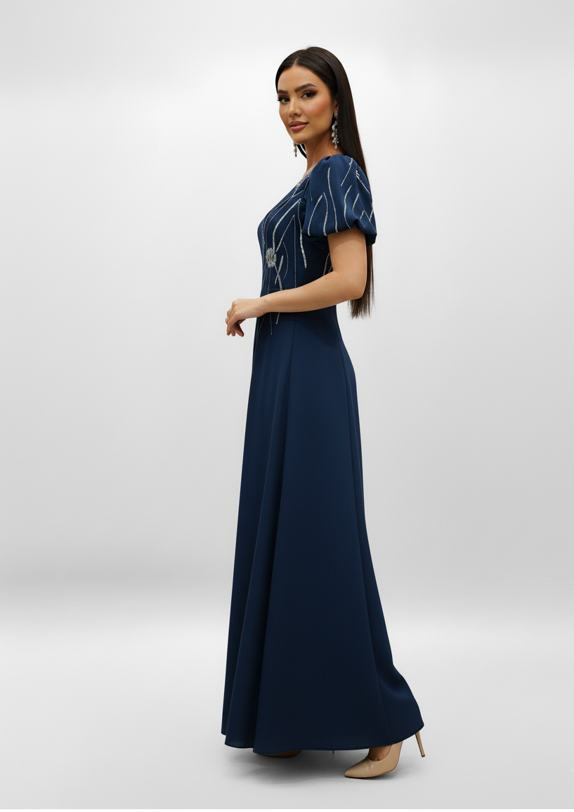 Embroidered Puff Sleeve Evening Gown.
