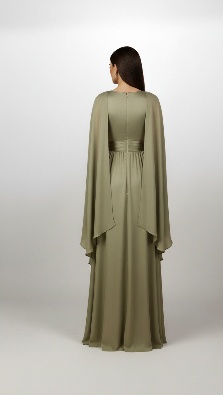 Olive Pleated Chiffon Cape Gown.
