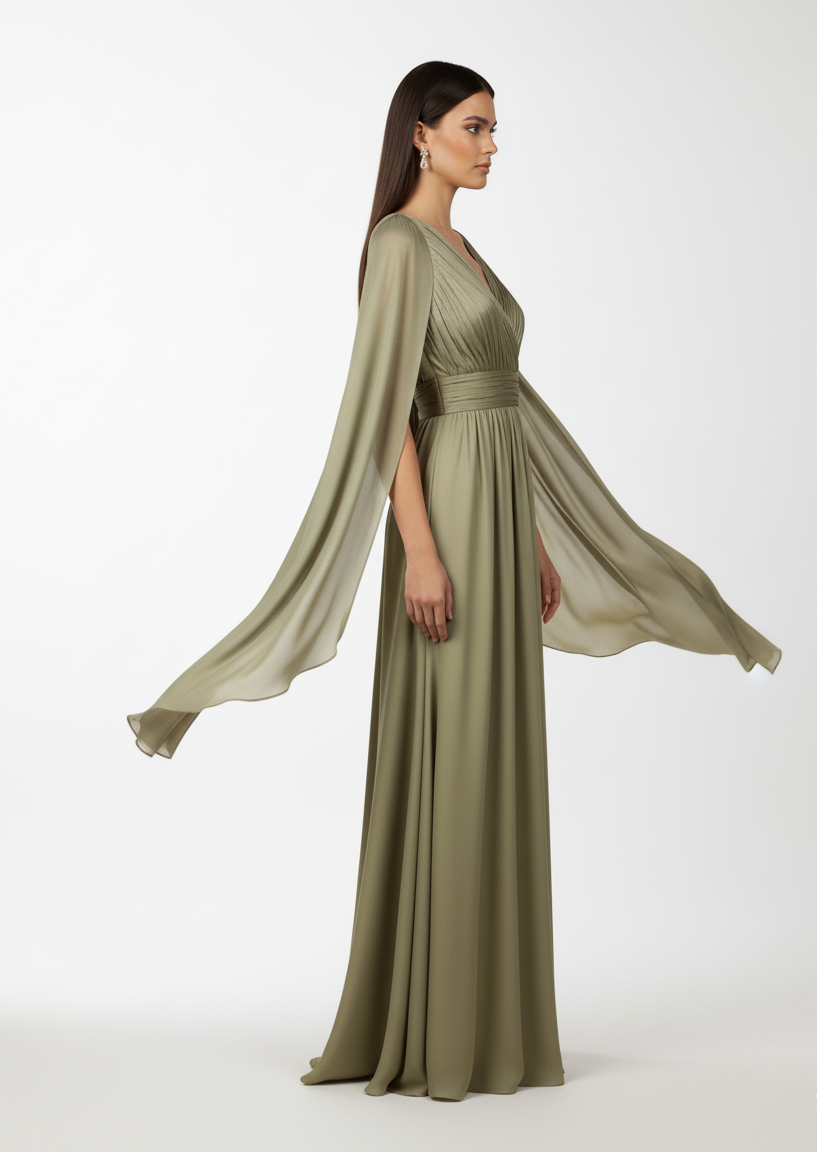 Olive Pleated Chiffon Cape Gown.