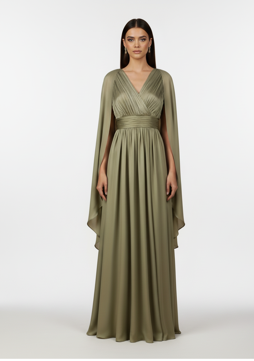 Olive Pleated Chiffon Cape Gown.
