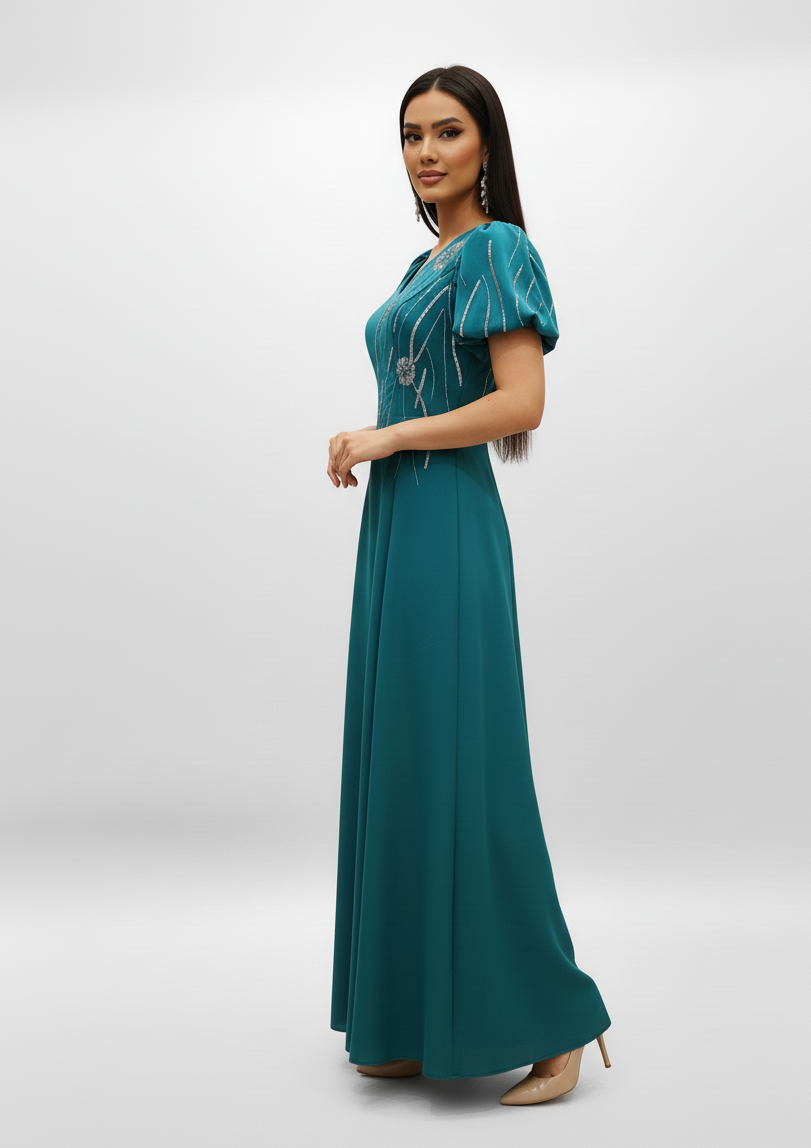 Embroidered Puff Sleeve Evening Gown.