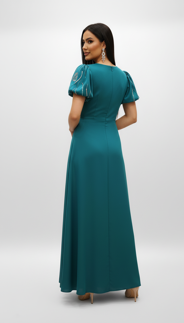 Embroidered Puff Sleeve Evening Gown.