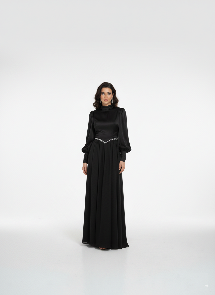 High Neck Bishop Sleeve Maxi Dress