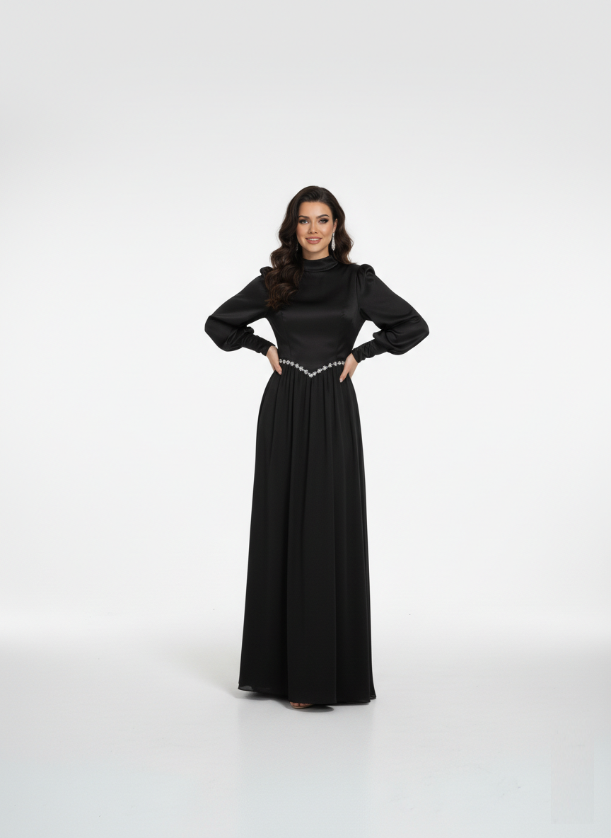 High Neck Bishop Sleeve Maxi Dress