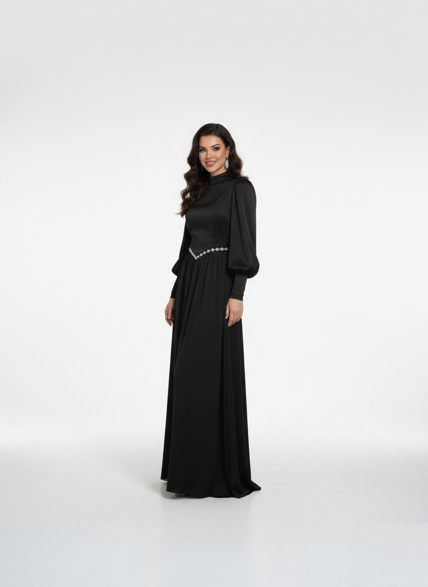 High Neck Bishop Sleeve Maxi Dress