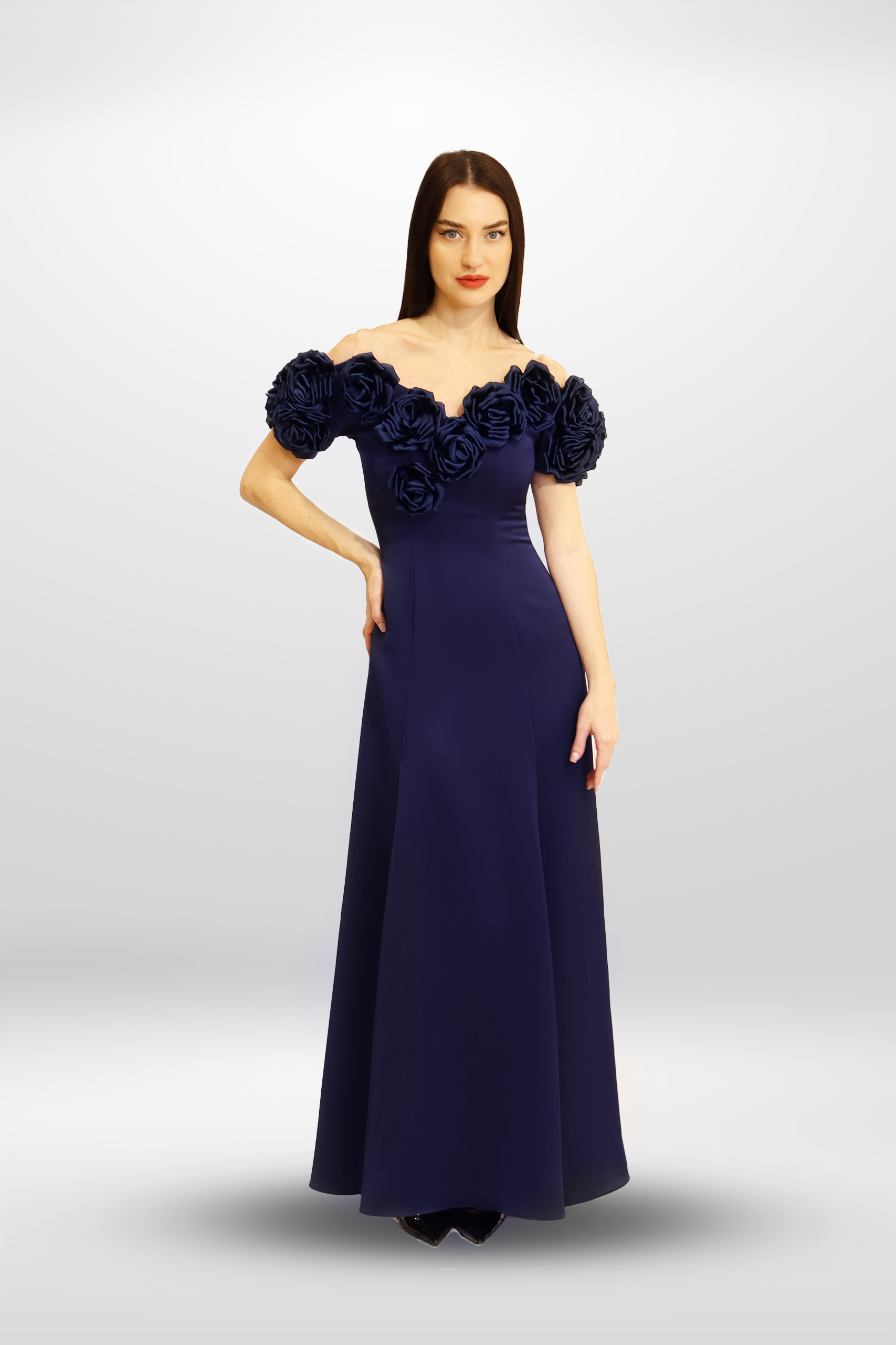 Off-Shoulder Rosette Maxi Dress.