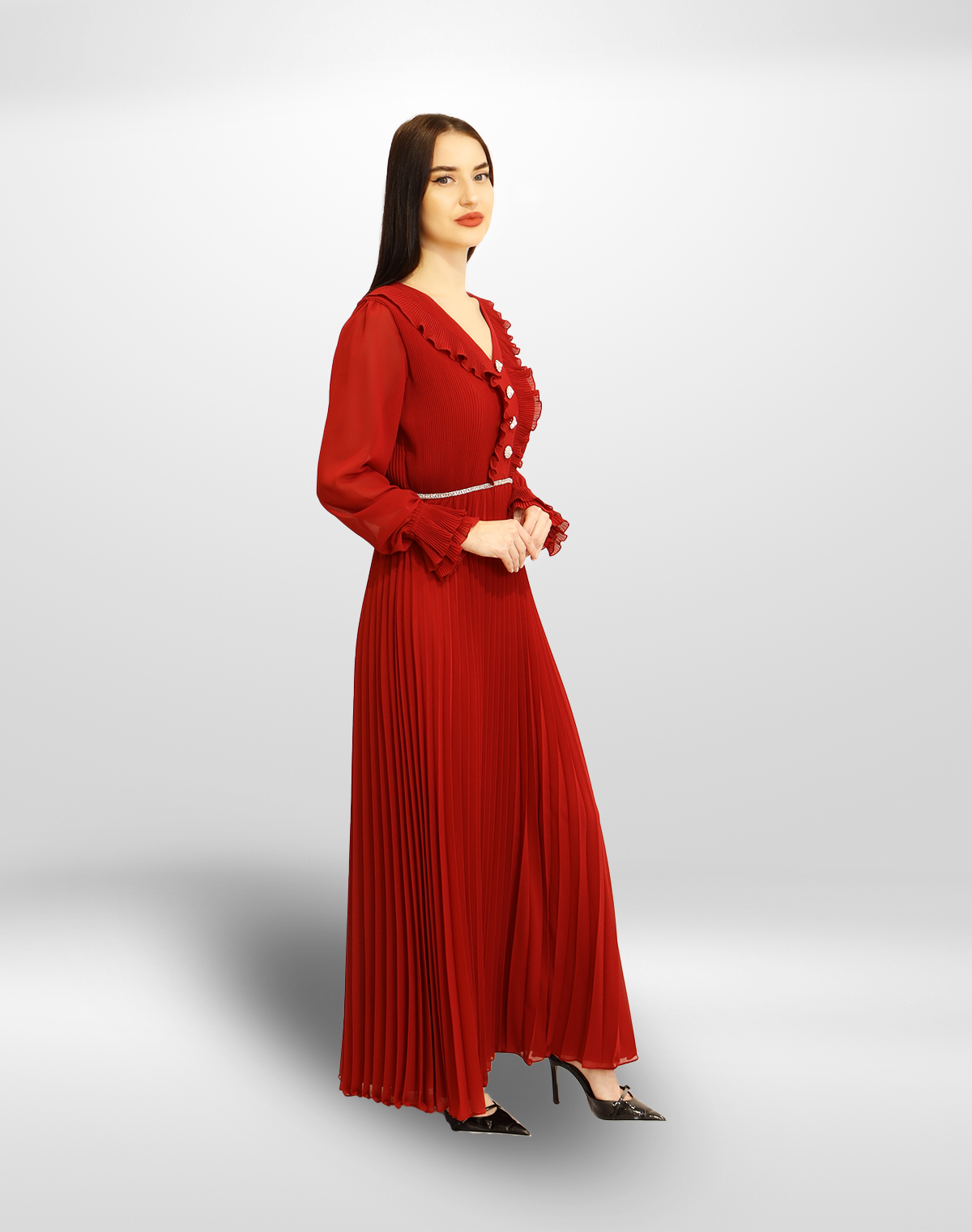 Pleated Button Chiffon Gown.