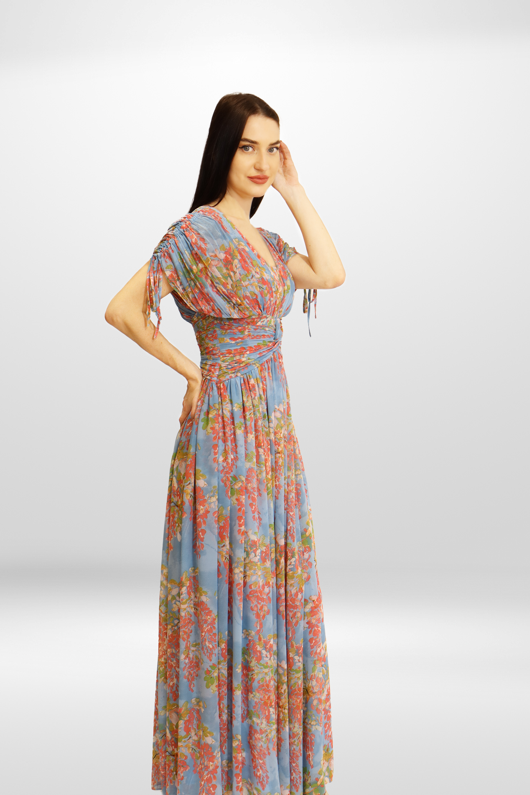 Floral Blue Pleated Chiffon Gown.