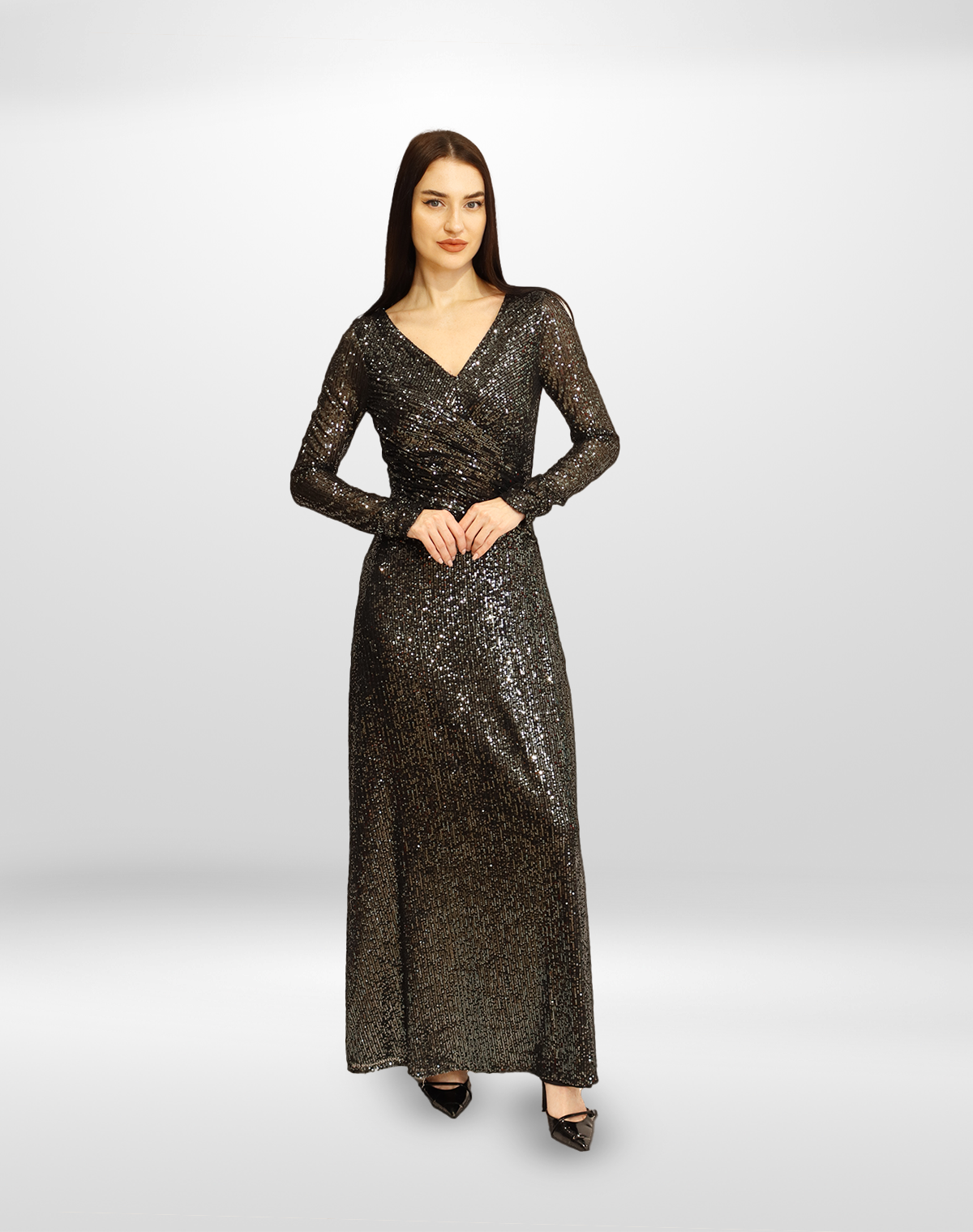 Sequined Long Sleeve Gown.