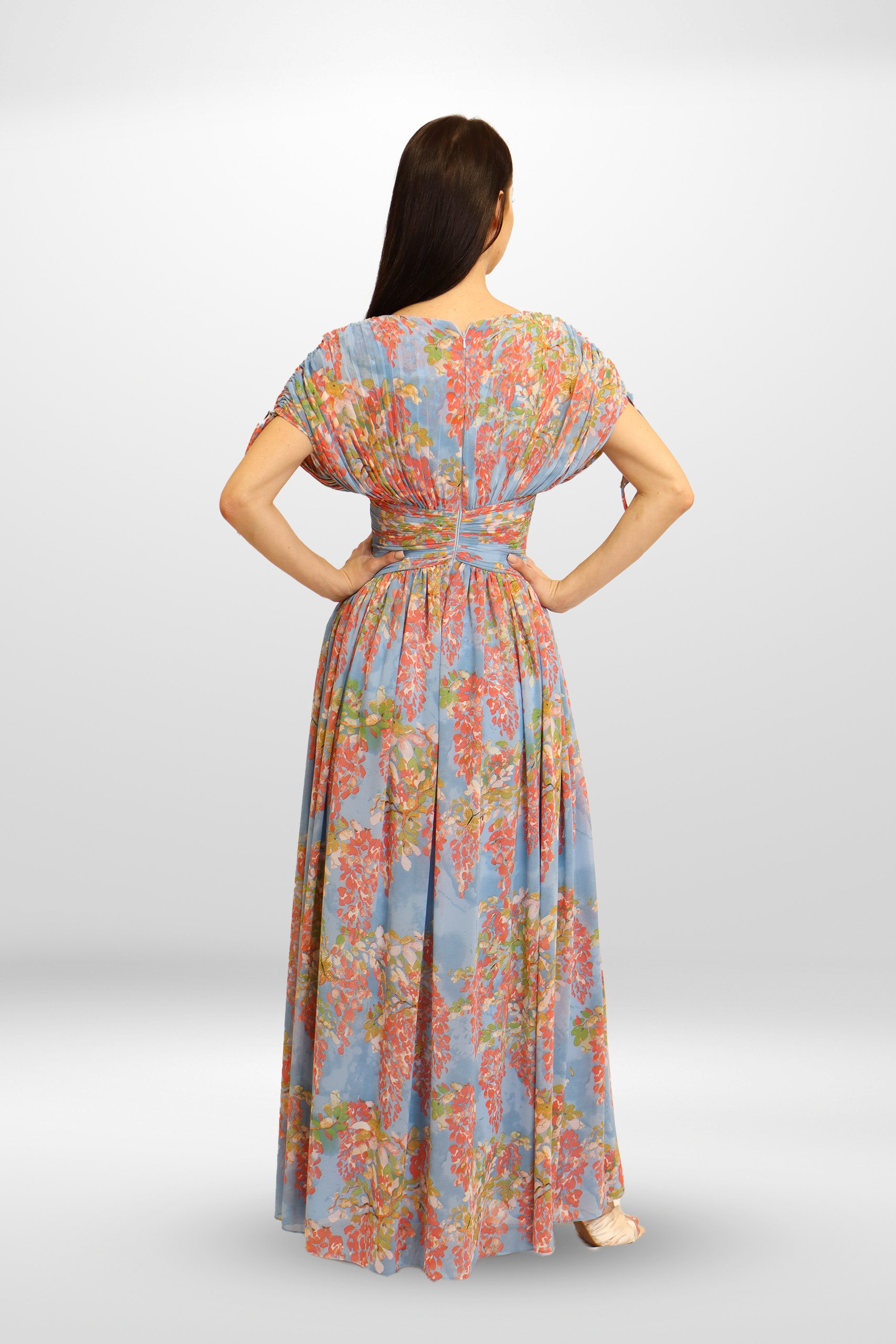 Floral Blue Pleated Chiffon Gown.