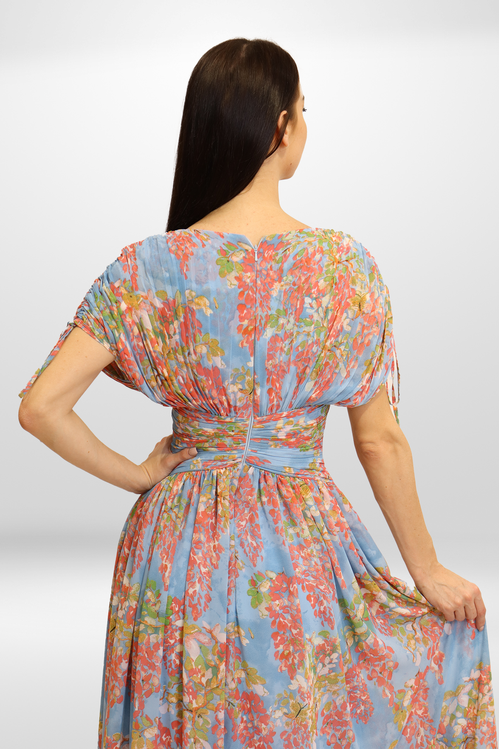 Floral Blue Pleated Chiffon Gown.