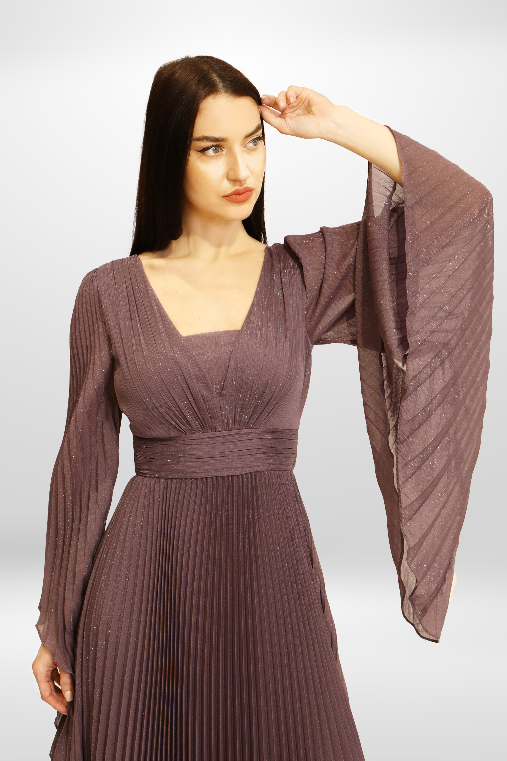 Pleated Chiffon Cape Gown.