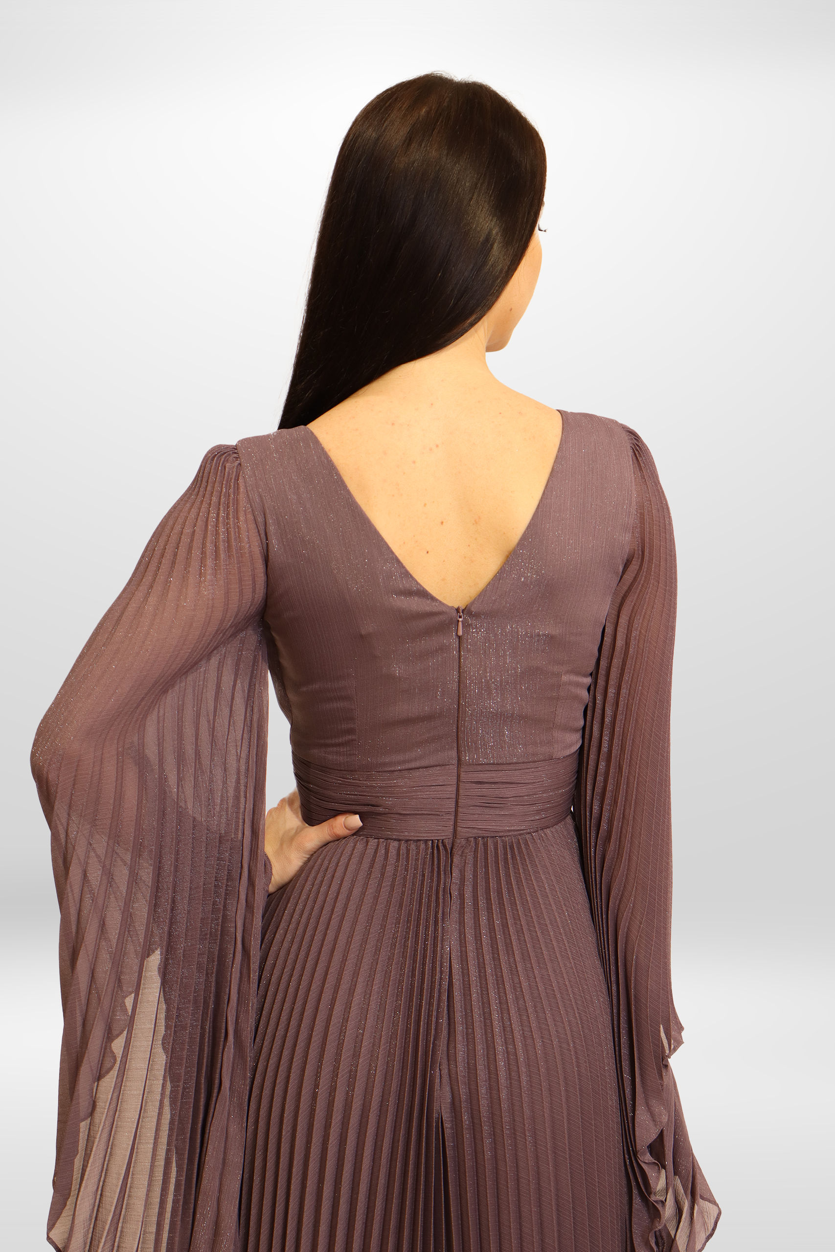Pleated Chiffon Cape Gown.