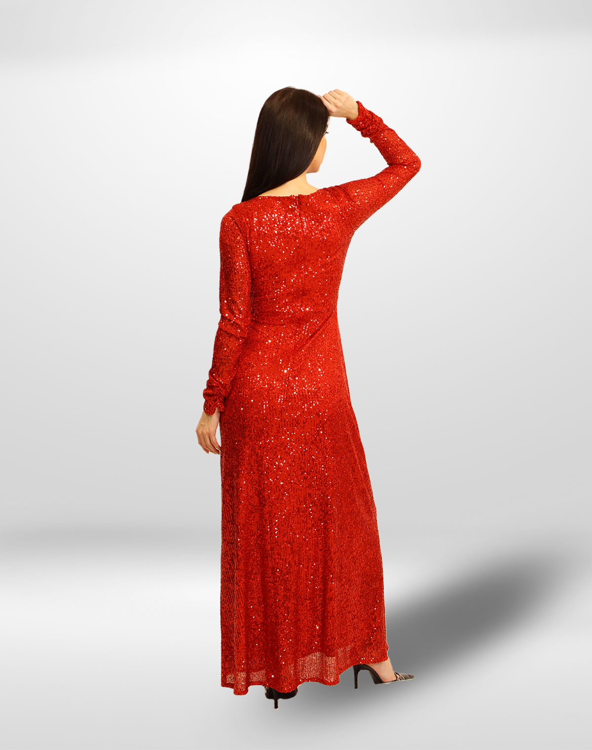 Sequined Long Sleeve Gown.