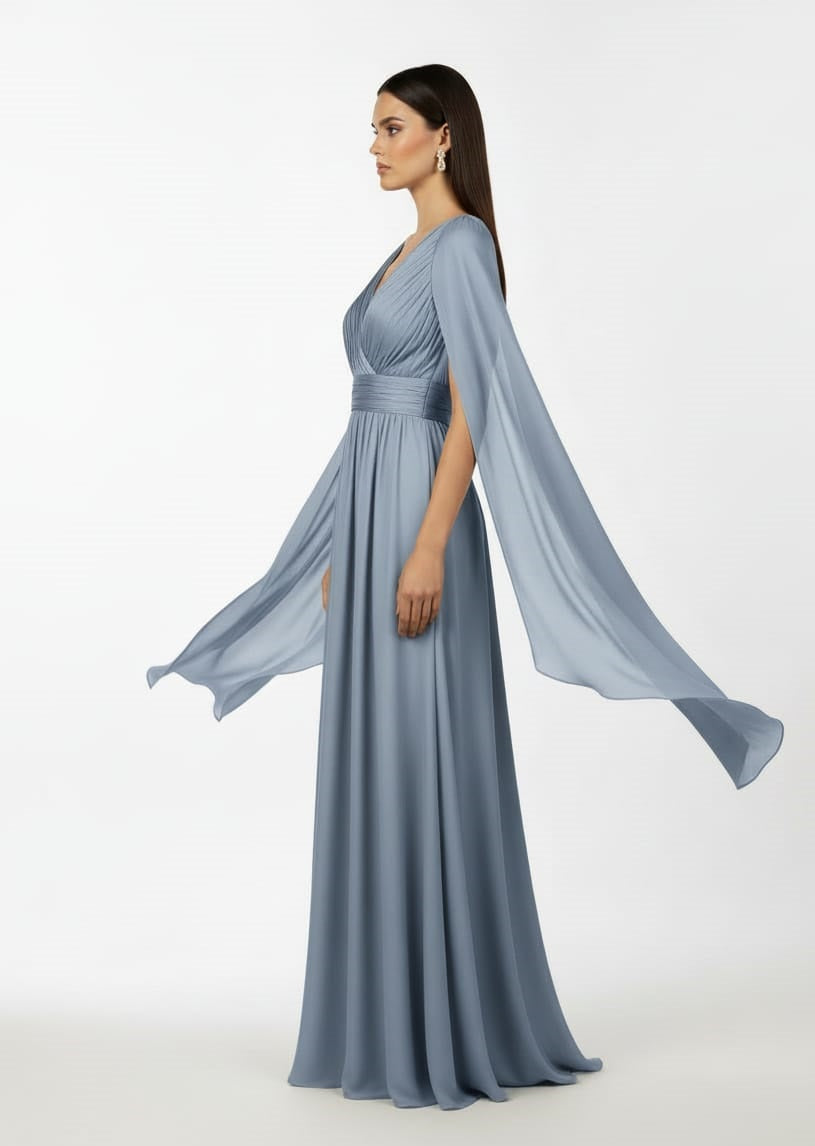 Olive Pleated Chiffon Cape Gown.