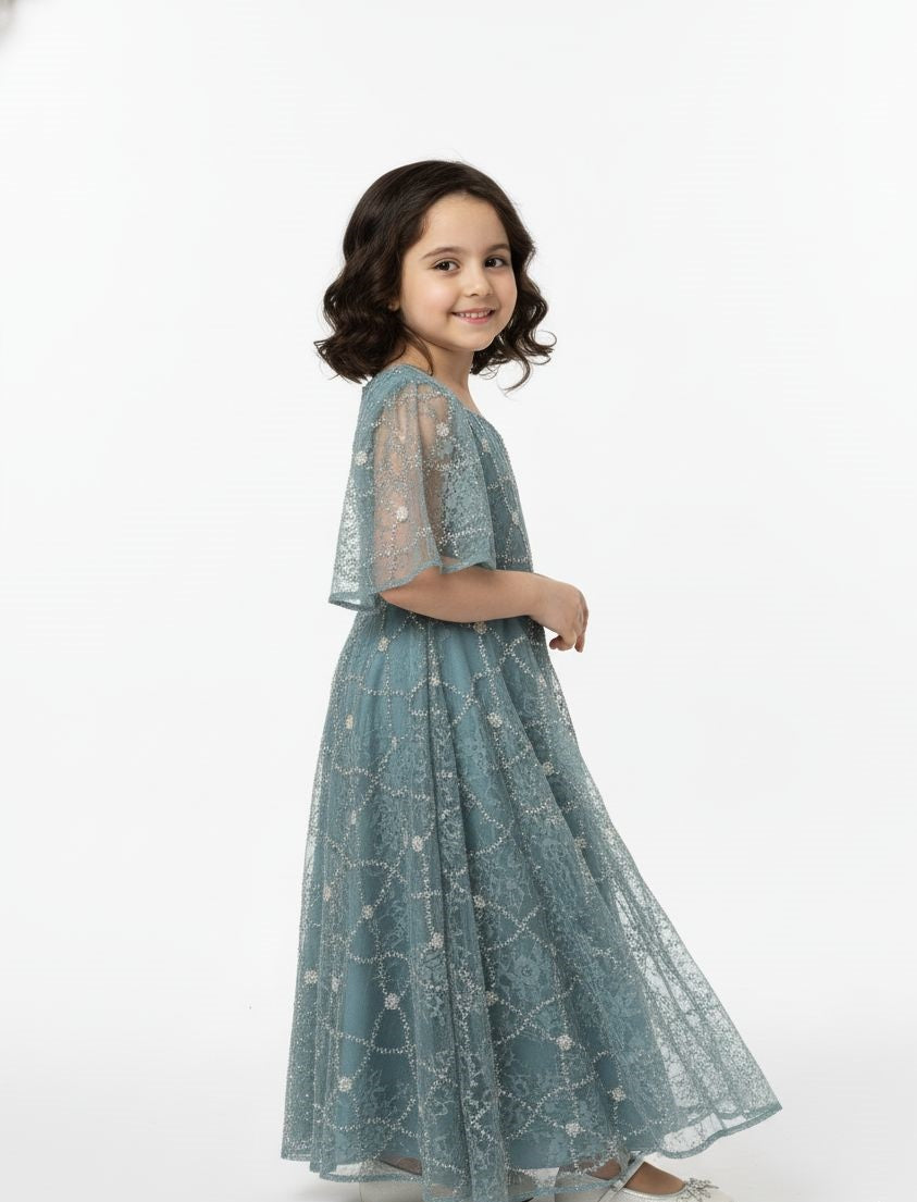 Lace-Overlay Flutter Sleeve Evening Gown