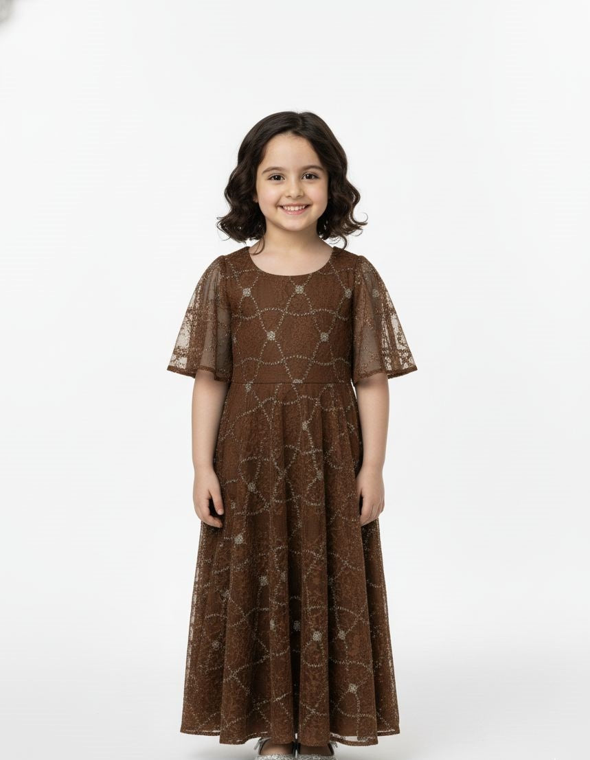 Lace-Overlay Flutter Sleeve Evening Gown