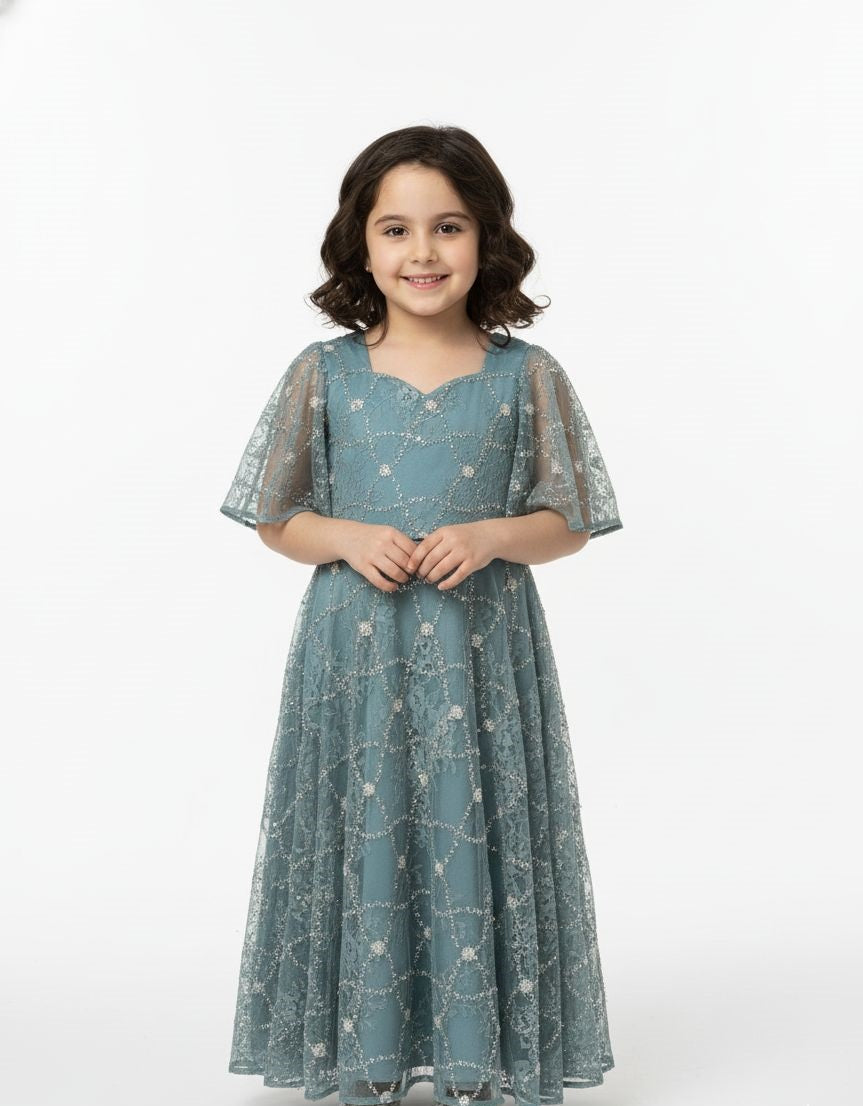 Lace-Overlay Flutter Sleeve Evening Gown