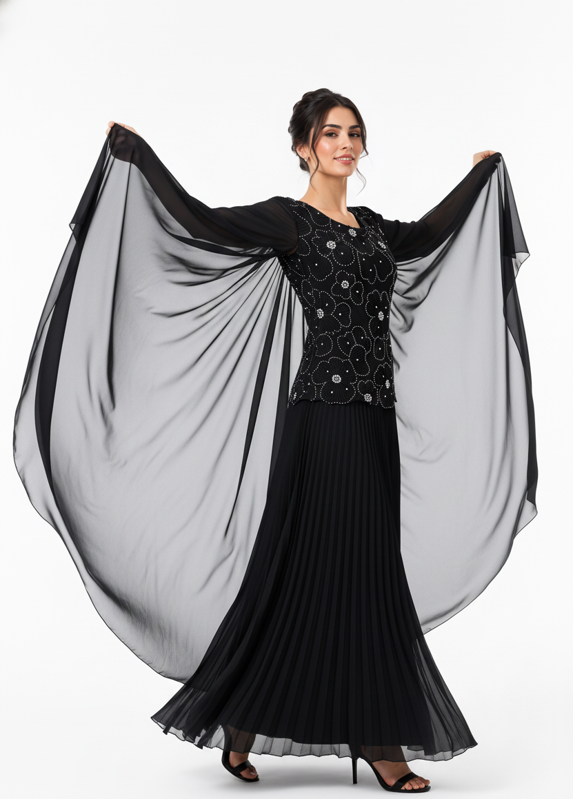 Floral Beaded Pleated Cape Gown