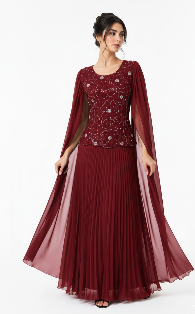 Floral Beaded Pleated Cape Gown