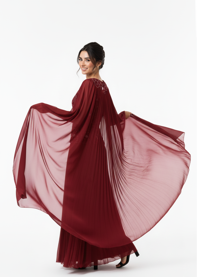 Floral Beaded Pleated Cape Gown
