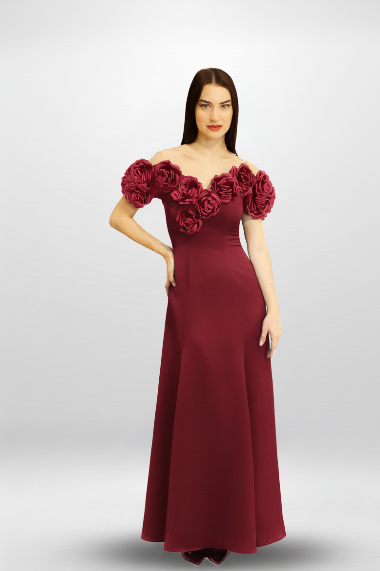 Off-Shoulder Rosette Maxi Dress.