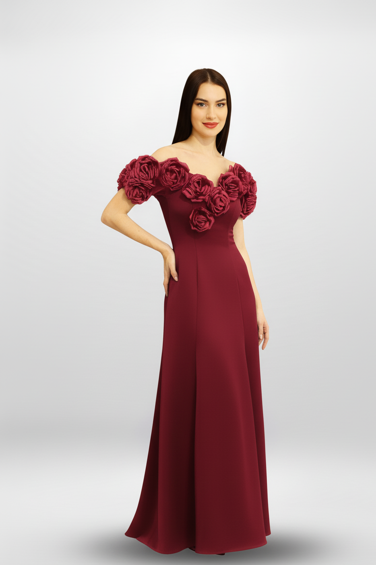 Off-Shoulder Rosette Maxi Dress.