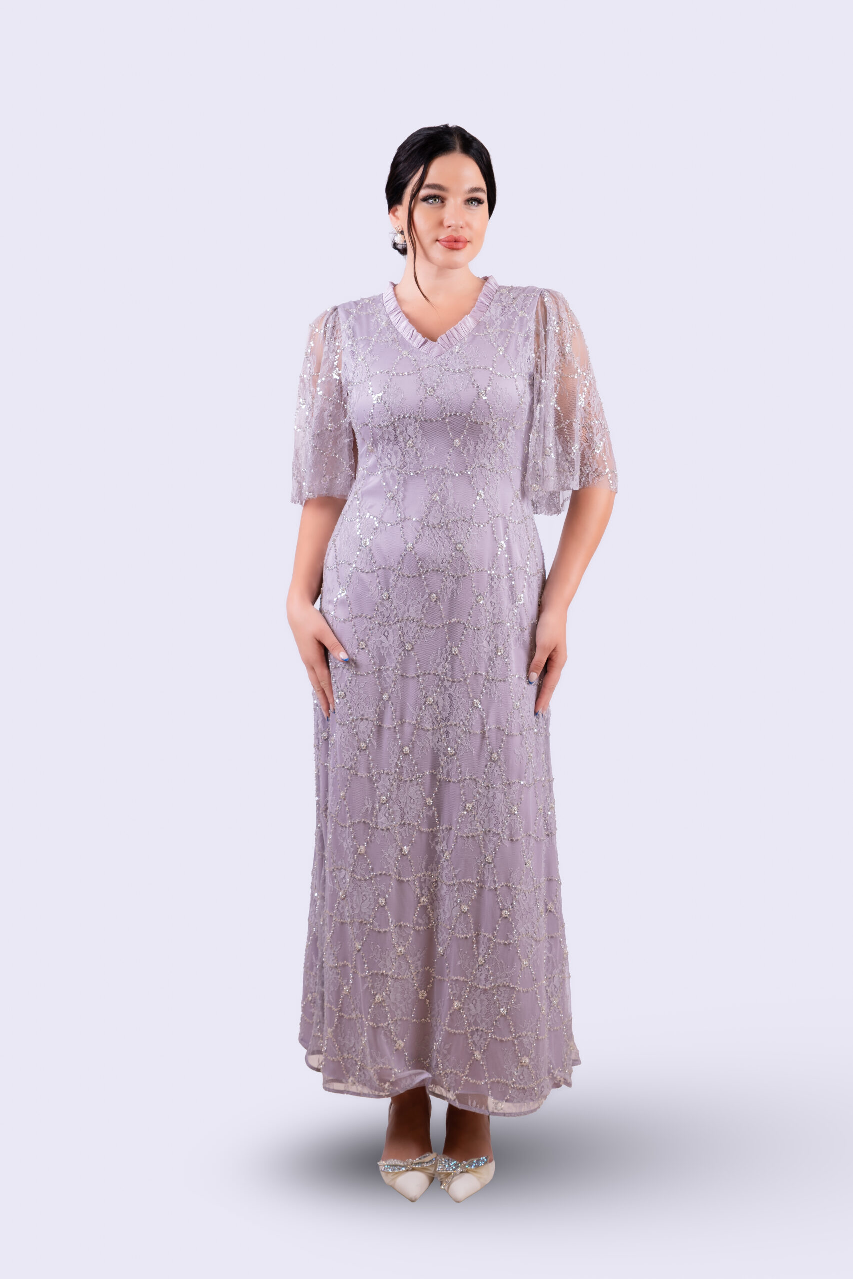 Lilac Shimmering Lace Evening Gown