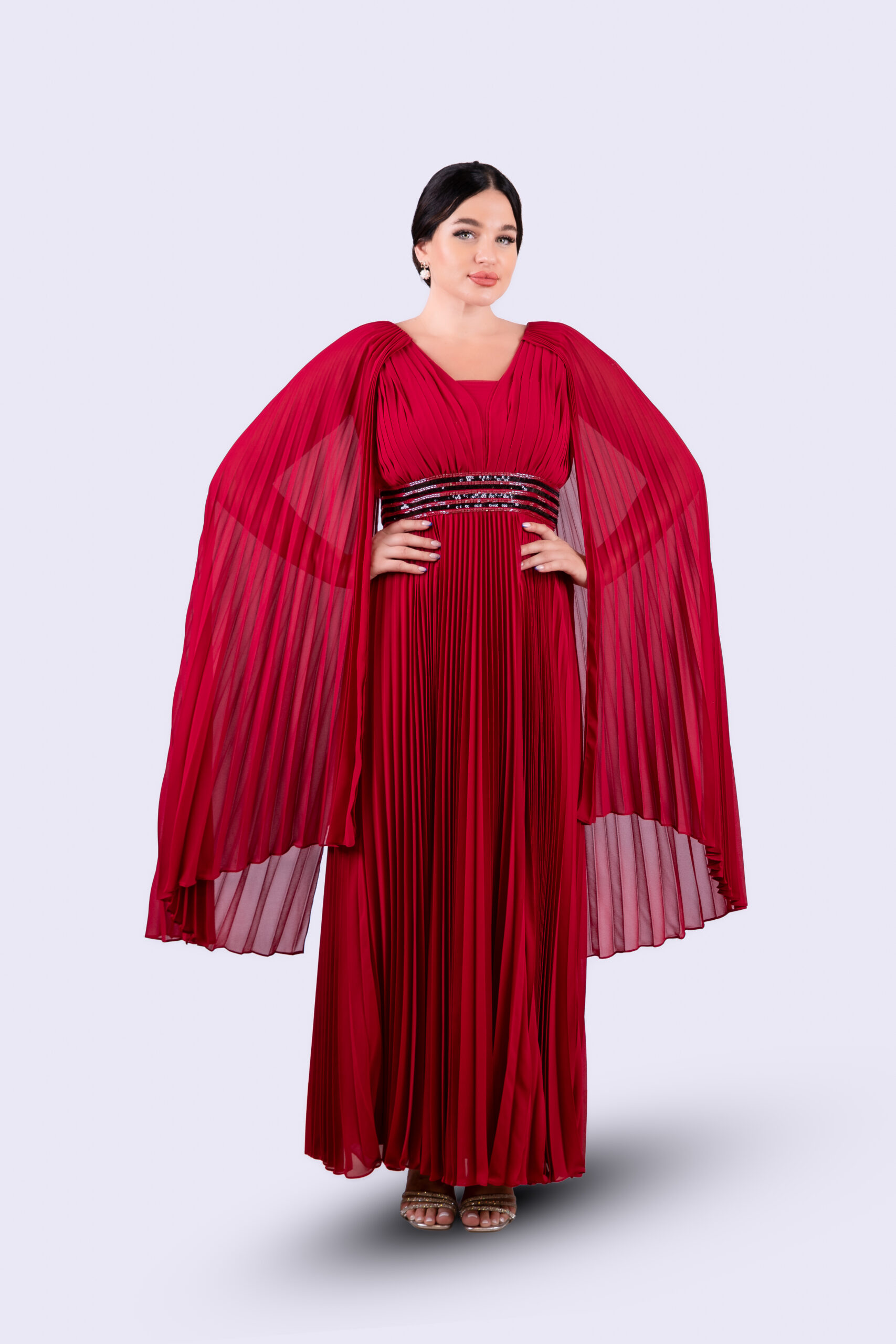 Crimson Cascade Pleated Chiffon Gown