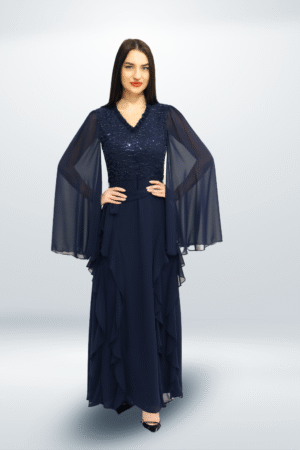 Elegance: Sequin-Embellished Flutter-Sleeve Gown.