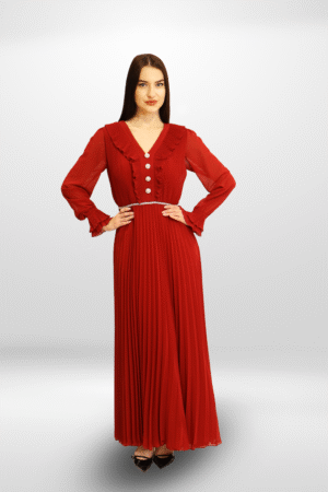 Ruby Radiance Gown with Embellished Buttons.