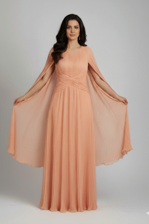 pleated formal dress with flowing cape sleeves.